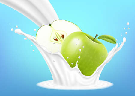 Green apple in a milk splash isolated on a blue background. Apple and milk yogurt splashing. Exercises and eat healthy food. health concept. Realistic 3d vector illustration.のイラスト素材