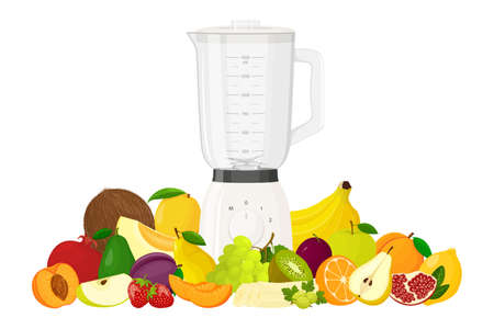 juicer blender. Kitchen blender with set of fruits, bananas, oranges, kiwi, peach, grapes, strawberry, apple, mango, pear, avocado, isolated vector illustration, Realistic flat designのイラスト素材