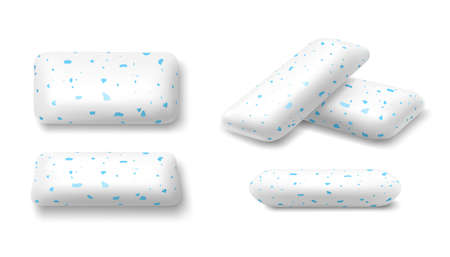White mint chewing gum set for ads and package element, Chewing bubble gum mockups, Chewing pads isolated on white background. 3d vector realistic illustrationのイラスト素材