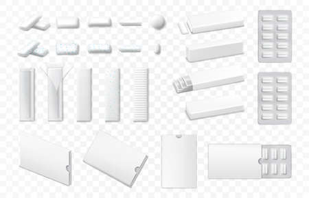 Set of realistic chewing gum of various shape in white color on transparent background isolated 3d vector illustrationのイラスト素材