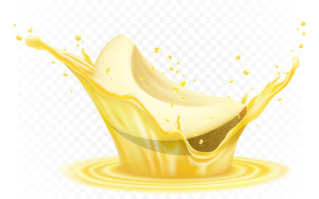 Honeydew Melon. Fresh sweet melon fruit with realistic yellow juice splash. Melon beverage or flavor. Realistic vector 3d isolated illustrationのイラスト素材