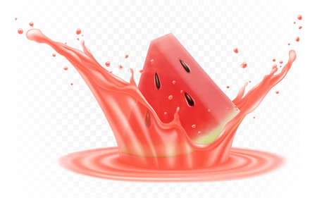 Watermelon in a splash of juice. slice of watermelon in a splash of juice with drops. 3d realistic transparent isolated vector.のイラスト素材