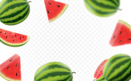 Falling watermelon fruit on transparent background. Blurred and realistic watermelon slices and geen leaves for advertising.の写真素材