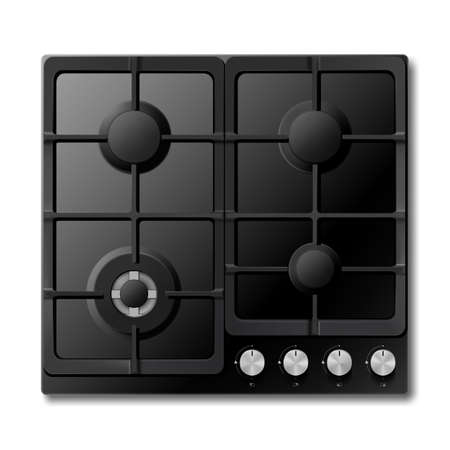 Gas cooking surface, 3d realistic vector kitchen appliance, cooktop, Surface of black gas hob isolated on white backgroundのイラスト素材