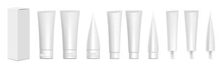 Realistic tubes with box. White plastic tubes for toothpaste, cream, gel and shampoo. Blank packaging front and side view vector mock up. Template for medicine or cosmetics set illustrationのイラスト素材