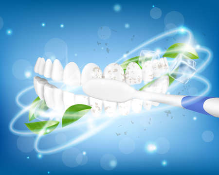 Teeth brushing. Toothbrush cleaning white healthy teeth. Dental procedure, oral health. Tooth protection, caries prevention clinic dental service, hygiene routine. Realistic 3d vector bannerのイラスト素材