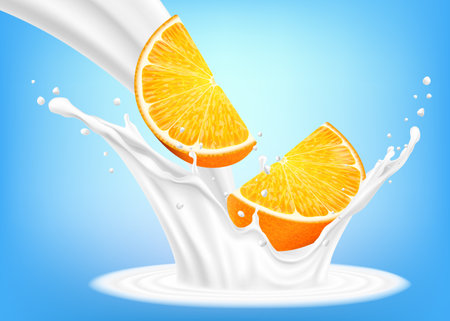 Orange fruit in milk or yoghurt splash. Fresh orange slices fall into the milk. An element for your packaging design. Realistic 3d vectorのイラスト素材