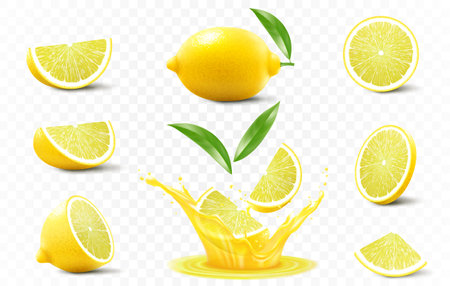 Set of ripe lemon. A whole , half and slices of lemon fall into fresh juice. Realistic 3d vector illustration, Isolated on transparent background.のイラスト素材