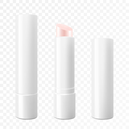 Tube of lip balm stick, hygienic lipstick packaging set, isolated Vector Mockup. open and closed container. Template for Graphics, Cosmetic, Makeup Concept. Realistic 3d vector illustrationのイラスト素材