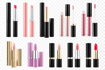 Set of lipsticks, lip balms and glosses mockup, isolated on white background. Lipsticks in trendy shades for your design, 3d realistic vector packaging illustration. Blank template of containers.のイラスト素材