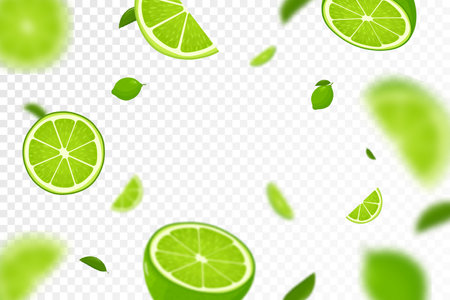 Flying fresh limes and lime slices background, seamless pattern with defocused blur effect. Can be used for wallpaper, banner, poster, print, fabric, wrapping paper. vector flat designのイラスト素材