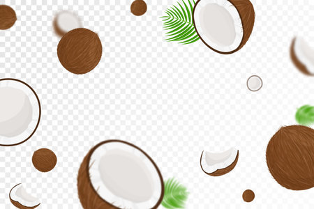 Flying coconuts, seamless pattern background with green palm leaves and halves of coconut with blurred effect, realistic 3d vector illustration. Falling coconut isolated on transparent backgroundのイラスト素材