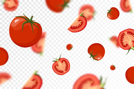 tomato background. Falling fresh ripe tomatoes from different angles. isolated on transparent background. Flying defocusing red tomato. Applicable for ketchup, juice advertising. vector flat.のイラスト素材