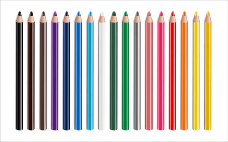 Set of multicolor pencils or crayons, isolated in white background. Back to school items. Template design for presentation, publications, education. Realistic 3D Vector Illustrationのイラスト素材