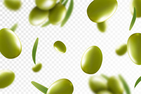 Olive background. Flying or falling olives isolated on transparent background. Can be used for advertising, packaging, banner, poster, print. Realistic 3d design. nature product. vector illustrationのイラスト素材