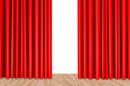 Theater stage with wooden floor and red curtains. Theater, opera scene drape backdrop, concert grand opening or cinema premiere backstage, portiere for ceremony performance. Realistic 3d vectorのイラスト素材