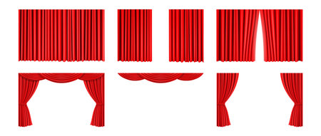 Luxury red silk velvet curtains and draperies and pelmet for window or theater stage decoration. interior decoration design ideas, 3d realistic collection, isolated vector illustrationのイラスト素材
