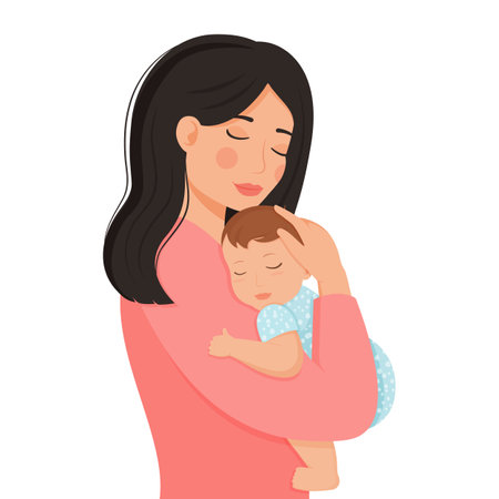 Young mother holds her son with care and love. Happy Mothers Day concept with mom and small boy. vector illustration. modern flat styleのイラスト素材