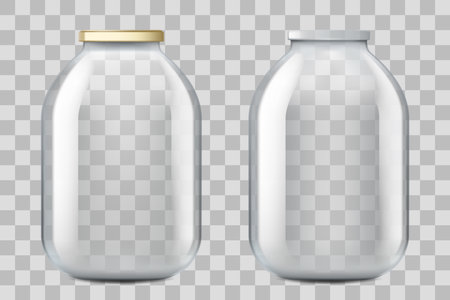 Empty three-liter glass jar. Isolated on transparent background. 3d realistic vector mockup. A jar with a lid and without a lid. Container for milk, water or juice.のイラスト素材