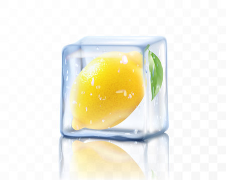 Fresh ripe lemon in ice cube isolated on transparent background. Frozen lemon, realistic 3d vector illustrationのイラスト素材