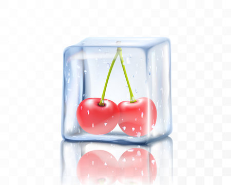 Fresh ripe cherry berries in ice cube isolated on transparent background. Frozen red cherry, realistic 3d vector illustrationのイラスト素材