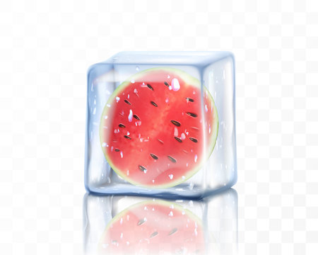 Fresh ripe watermelon half in ice cube isolated on transparent background. Frozen piece of watermelon, realistic 3d vector illustrationのイラスト素材