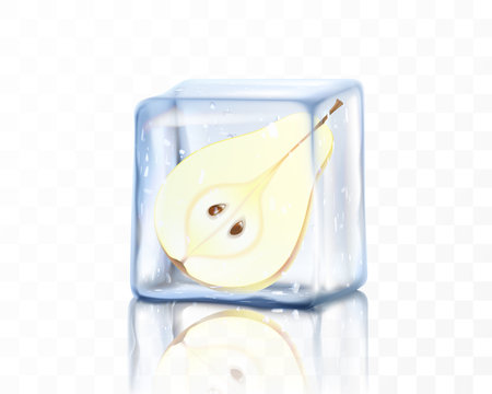 Half of a fresh ripe pear in an ice cube isolated on a transparent background. Frozen pear, realistic 3d vector illustrationのイラスト素材