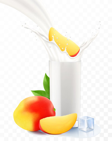 Mango falling in a glass of milk or yogurt. Sweet milk splashes. Fruit milkshake advertising banner, yogurt jet, flying drops, white drink in glass cup, Realistic 3d vector illustration, isolatedのイラスト素材