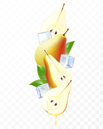 Fresh pear with ice cubes falling or flying. Composition of elements pear with leaves, whole pear, half and slices of pear, 3D realistic vector illustration isolated on transparent backgroundのイラスト素材