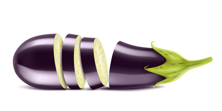 Eggplant or aubergine with slices isolated on white background. Fresh eggplant from garden. Vegetarian food. Realistic 3d vector illustration.のイラスト素材