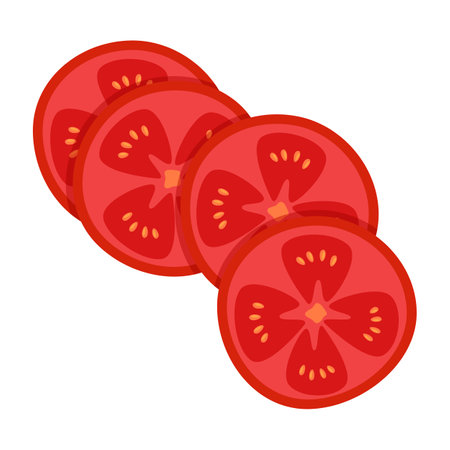 Slice of red tomato isolated on white. Tomato icon for Food Decor. Flat cartoon Vector Illustration.のイラスト素材