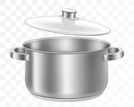 Open stainless steel pan and transparent glass lid isolated on background. Realistic 3d vector illustration. Cookware. Kitchen utensils. Mock-upのイラスト素材