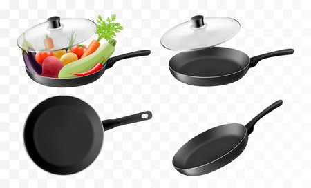 Black Frying Pan Icon Set Isolated on Transparent Background. Empty empty and with different vegetables. Design Template for Mockup. food concept. Top and Front or Side View. Vector 3d Realisticのイラスト素材