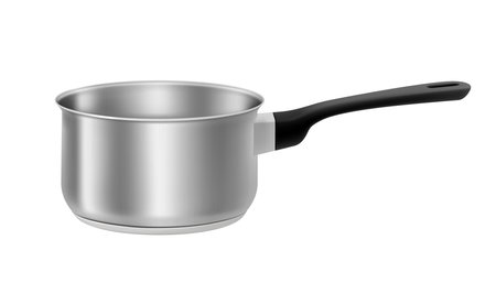Empty modern steel saucepan isolated on white background. Realistic 3d vector design. Model of kitchen utensils. Equipment for preparing foodのイラスト素材