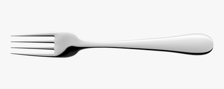 Silver fork. Stainless steel glossy metal fork, isolated on white background. Kitchenware Mockup....