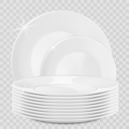 Realistic plate stack and bowls. Clean dishes, stacked kitchen tableware. Stack of clean washed food plates, dishware mockup isolated on transparent. 3d vector illustration. Porcelain crockery plateのイラスト素材