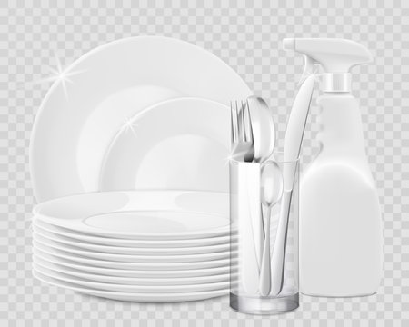 Clean shiny dishes and porcelain kitchen utensils with dishwashing liquid detergent bottle isolated on white. Advertising banner for household cleaning supplies. Realistic 3d vector illustrationのイラスト素材