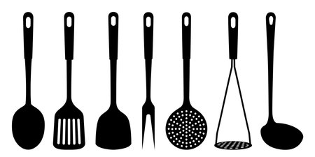 Set of soup ladle and slotted spoon, kitchen Spatula, Potato Masher, Skimmer Spoon, meat fork, large spoon, silhouettes of kitchen utensils, isolated on white background. Vector flat designのイラスト素材