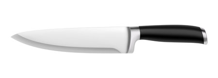 A large Chef's knife with a black handle isolated on a white background. Knife with steel a wide sharp blade. Top view. Kitchenware. Realistic 3D vector illustration. Mock up.のイラスト素材