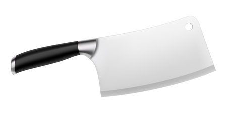 Chinese chef's knife. Meat cleaver knife with a black handle isolated on a white background. Butcher knife, Realistic 3d render, vector illustration. Professional kitchen utensils. Mock up.のイラスト素材