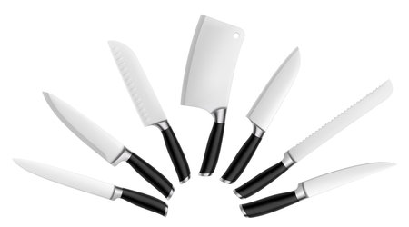 Set of steel kitchen knives isolated on white background. Butcher knives tools, chef knife, versatile and for slicing fruits, vegetables. For restaurants, cafes and home cooking. realistic 3d vectorのイラスト素材