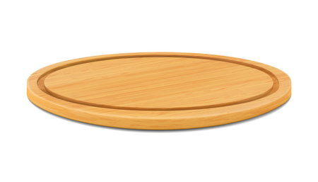 Round wooden beech cutting board or cutting board for pizza isolated on white background. Trays or plate of round shapes, natural, eco-friendly kitchen utensils, realistic 3d vector illustration.のイラスト素材