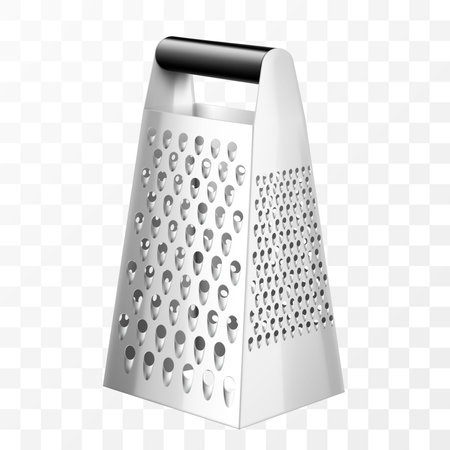 Metal Grater for vegetables. Kitchen accessories. Tools for cooking. Isolated on white background. For your design. Realistic 3D vector illustrationのイラスト素材