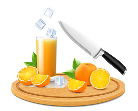 Orange juice in drinking glass with slice, half, and whole orange fruit on a wooden cutting board isolated white background. Realistic 3D vector illustrationのイラスト素材