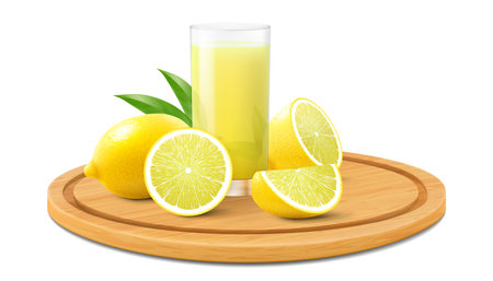 Cutting board with fresh juicy cut lemon with a glass of lemonade, isolated on white background. Citrus fruits on a round wooden cutting board. Realistic 3d vector illustrationのイラスト素材