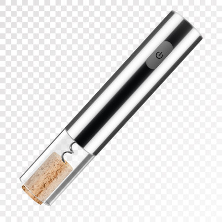 An electronic rechargeable corkscrew with cork, isolated on transparent background. Electronic cordless corkscrew. Gray metal. Realistic 3d vector illustrationのイラスト素材