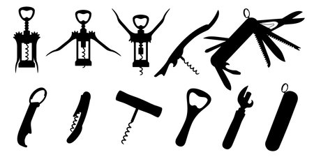 Silhouette of corkscrews and openers. Wine Bottle Opener, can opener, electronic rechargeable corkscrew, sommeliers knife with corkscrew and Swiss Army knife or pocket knife, isolated vector icon setのイラスト素材