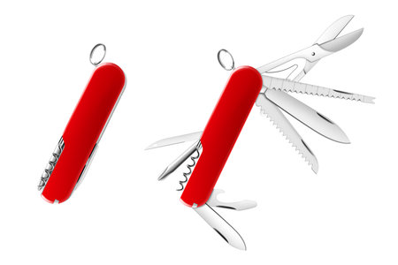 Swiss Army knife or pocket knife isolated realistic vector on white background. This cutting tool is using the large blade for cutting food, slicing paper, carving wood, or gutting a fish.のイラスト素材