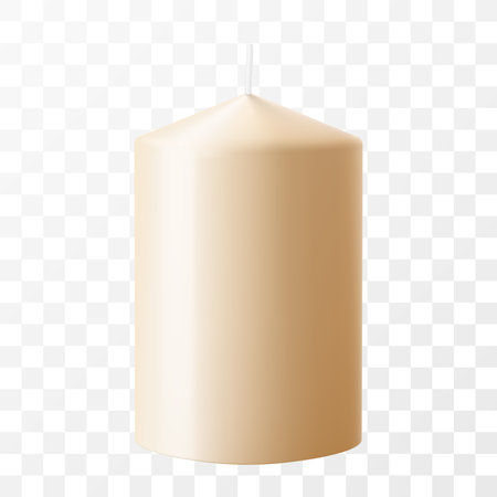 Cylindrical scented white wax candle for relaxation isolated on transparent background. Decor element. Realistic 3D vector illustrationのイラスト素材