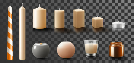Set of scented wax candles of different sizes and shapes and colors isolated on transparent background. Candles in a candlesticks, burning, and fire flames with wick. Realistic 3d vector illustrationのイラスト素材